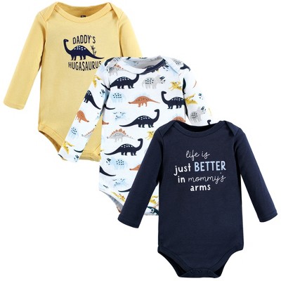 Image of Hudson Baby Infant Boy Cotton Long-Sleeve Bodysuits, Hugasaurus 3-Pack, 6-9 Months