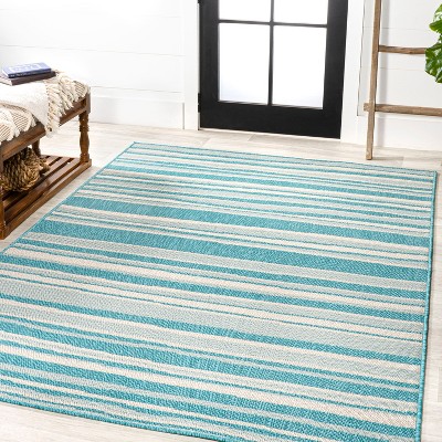 Aqua and Cream Stripe Synthetic 4' x 6' Indoor/Outdoor Rug