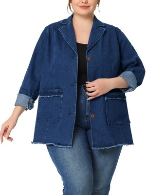 Agnes Orinda Women's Plus Size Fashion Work Formal Pockets Button-Down Casual Denim Blazers