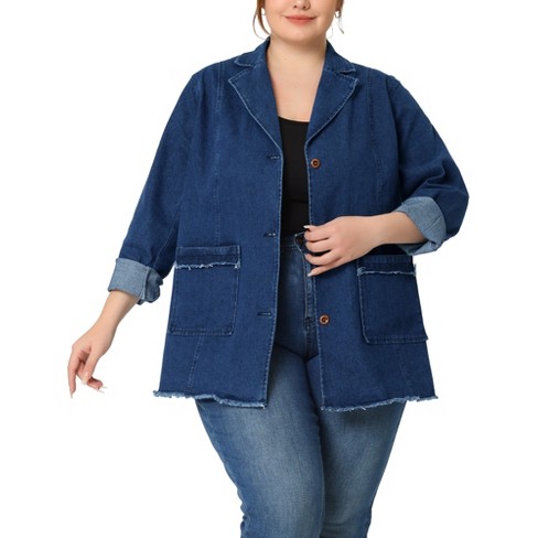 Agnes Orinda Women s Plus Size Fashion Work Formal Button Down Denim Jean Blazers Blue 3X