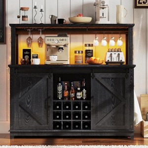 COZONY 55" Coffee Bar Cabinet with LED & Power Outlet, Tall Buffet Hutch with Barn Door, Wine Glass Rack, Kitchen Storage for Dining Room - 1 of 4