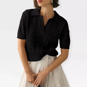 Womens Sweater Knit Tops Short Sleeve No Buttom Polo Collar Sweater Ribbed Cuff Fancy Knitwear - 1 of 4