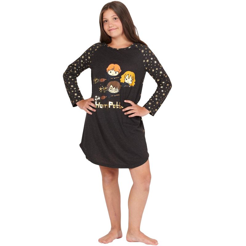 Harry Potter Hermione Chibi Charms Logo House Crest Raglan Pajama Gown Black, 1 of 5