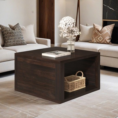 Square Coffee Table for in Natural Farmhouse Coffee Table with Storage,2-Tier Center Table with Half Open Storage Compartment - Leovsnove