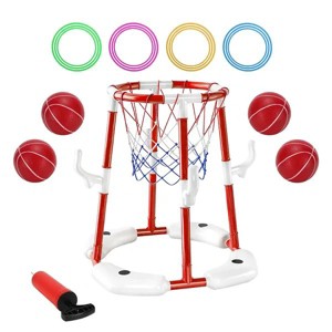 Summer Pool Basketball Hoop Toy Set With 4 Basketballs 4 Circles Pump Floating Swimming Pool Basketball Games Poolside Water Play Toy For 3-12Years - 1 of 4