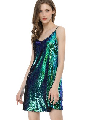 Allegra K Women's Glitter Sequin Spaghetti Strap V Neck Party Cocktail Sparkly Mini Dress