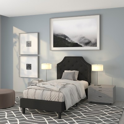Elegant Twin-Sized Black Upholstered Bed with Tufted Headboard and Gold Nailhead Trim