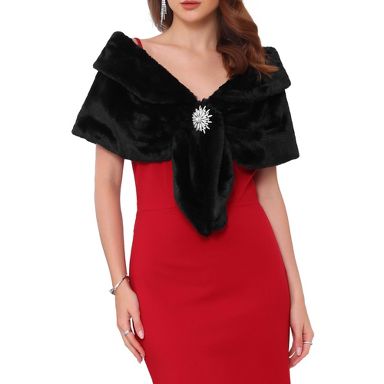 INSPIRE CHIC Women's Faux Fur Wedding Cape with Pearl Rhinestone Brooches Shawl Medium Black