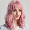 Jessie's Wig 14 Inch Shoulder Length Curly Wave Bangs With Wig Bob Non Lace Synthetic Hair Pink Color 1 Pc/Pack - 2 of 4