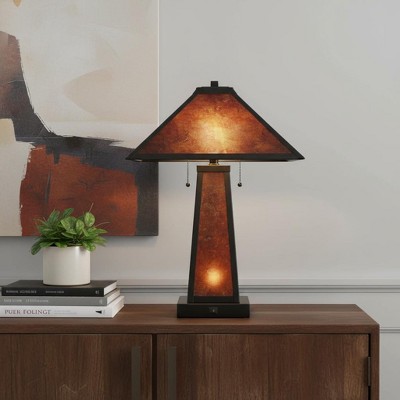 24" Burnt Orange Metal Two Light Table Lamp with Amber Square Shade - Thumbnail 5