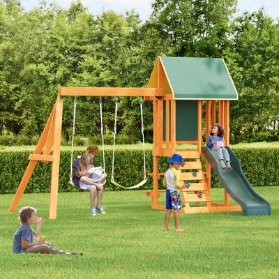 JUJABU 3 in 1 Wooden Outdoor Swing Set with Slide, 2 Swings and Climber for Garden, Backyard and Playground, Green