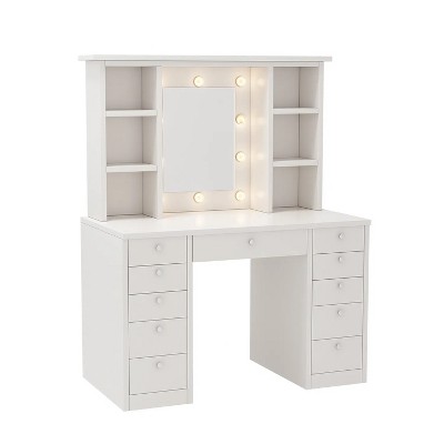Vanity Desk with LED Lighted Mirror, Makeup Vanity with 11Drawers, 3 Color Lighting Modes Brightness Adjustable, Dressing Table for Bedroom
