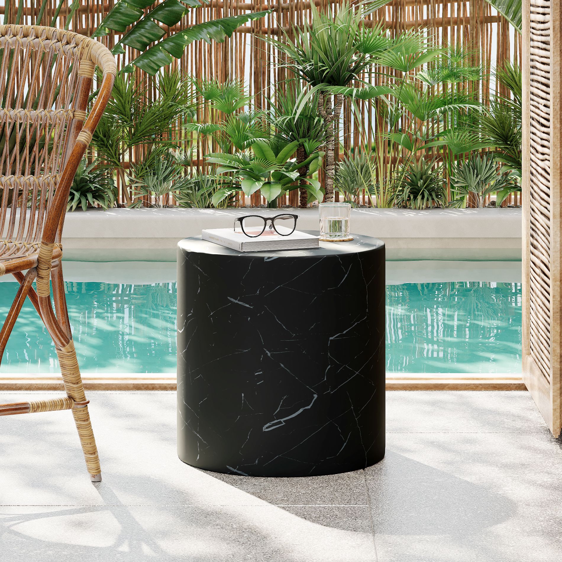 ModernLuxe 15.5" Round End Table Outdoor Lightweight Concrete Side Table, Faux Travertine Stone Accent Table, No Assembly Required, Black