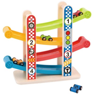 Toysters Wooden Sliding Colorful Ramp Racer Track Car Tower Toddler Activity Toy With 4 Cars