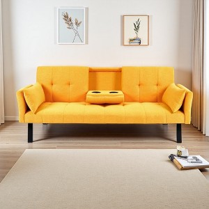 70" Cotton & Linen Multi-Functional Sofa Bed with Foldable Design & Cup Holder - 1 of 4