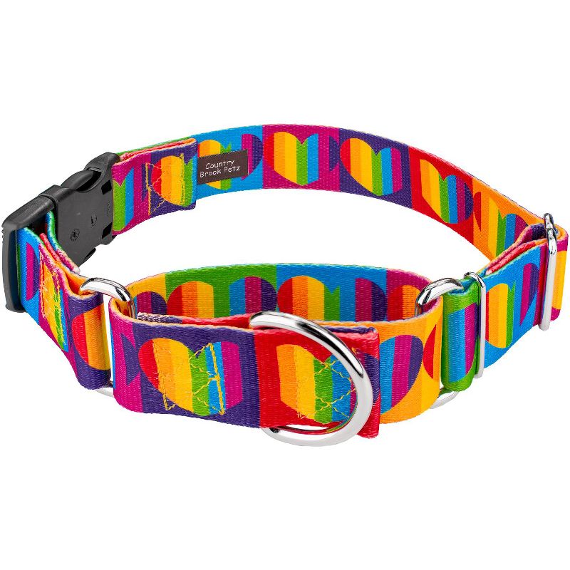 Country Brook Petz 1 1/2 Inch Rainbow Hearts Martingale w/Deluxe Buckle Dog Collar, 1 of 6