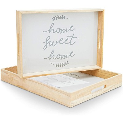 Farmlyn Creek 2 Pack Wooden Serving Tray Set with Handles for Breakfast, Kitchen, Home Sweet Home