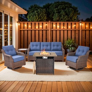 Buenhomino Patio Furniture Set with Fire Pit Table 50,000 BTU,5 Piece Wicker Outdoor Conversation Sets,Outdoor Swivel Rocker Chairs Patio Sofa - 1 of 4