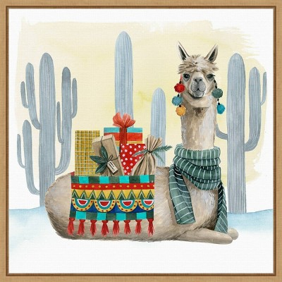 16" x 16" Boho Christmas II Llama Cactus by Grace Popp Framed Canvas Wall Art - Amanti Art