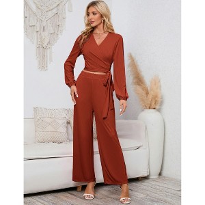 2 Piece Outfits for Women Long Sleeve Sexy V Neck Wrap Tie Knot Crop Tops Wide Leg Pants Sets - 1 of 4