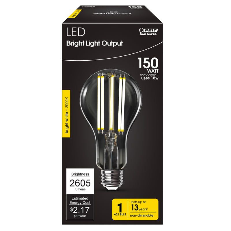 Feit Electric A21 E26 (Medium) Filament LED Bulb Bright White 150 Watt Equivalence 1 pk, 1 of 4