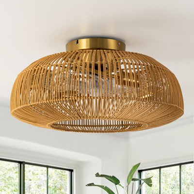 Rennnsan Prynel 19"W 4-Light Drum Woven Ratten Boho Dimmable Ceiling Fan in Gold