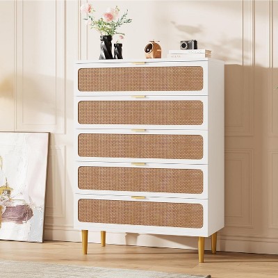 5 Drawer Dresser for Bedroom, Rattan Chest of Drawers with Deep Drawers, Large Modern Double Dresser for Closet with Wide Top