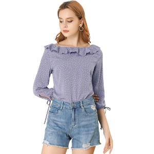 Allegra K Women's Vintage 3/4 Sleeve Boat Neck Ruffled Dots Print Blouse - 1 of 4