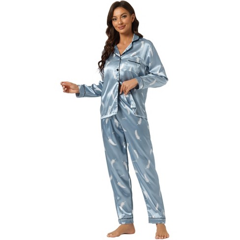 Cheibear Women's Satin Silky Floral Button Down Long Sleeve Sleepshirt With  Pants 2-piece Pajama Set Navy Blue Large : Target