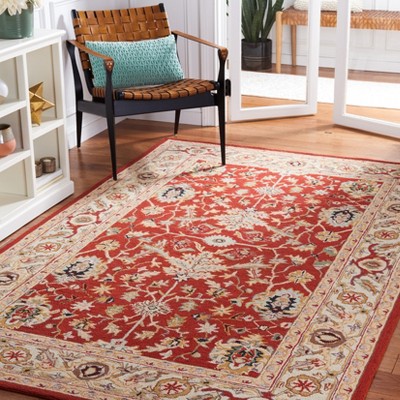 Handmade Red and Ivory Wool Rectangular Area Rug 4' x 6'