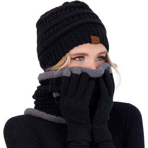 Women Winter Beanie Hat, Infinity Scarf, and Screen Friendly Gloves Set,  Cold Weather Snow Gear for Adults - Black