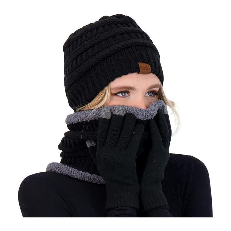 Woman Winter Hat Fleece Lined Neck Warmer Scarf and Gloves Set for Women Knit Beanie Winter Gloves and Scarves Cold Weather- Ivory - Black