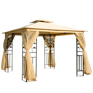 Aghana Digitals 10'x10' Beige Metal Patio Gazebo with Double Roof, Tree Motifs, Netting Sidewalls & - 1 of 4