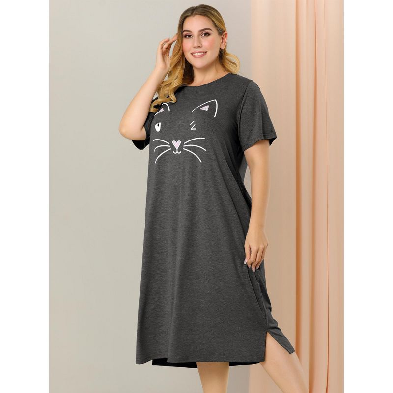 Agnes Orinda Womens Plus Size Short Sleeve Cute Cat Print Pockets Nightgown, 5 of 8