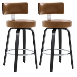 Bekrvio 26” Swivel Bar Stools Set of 2,Faux Leather Upholstered with Back & Black Wood Frame,Modern Kitchen Island Stools for Kitchen Counter,Brown - 1 of 4