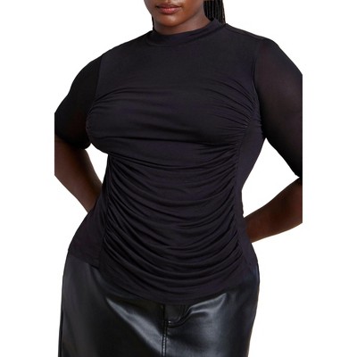 ELOQUII Women's Plus Size Shirred Mockneck Top With Sheer Sleeve