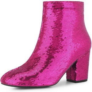 Allegra K Women's Round Closed Toe Zip-Up Sequins Block Heels Ankle Boots - 1 of 4