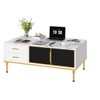 Faux Marble Coffee Table with 4 Drawers, Modern Wooden Center Table with Glass Doors - 3 of 4