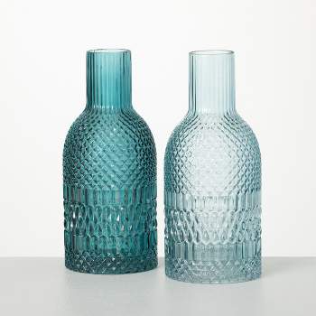 10"H Sullivans Turquoise Faceted Bottle Vases Set of 2, Blue
