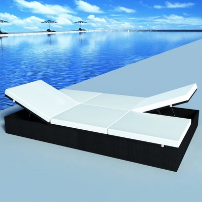 vidaXL Sun Lounger Black PE Rattan Double Removable Covers Sun Lounger
