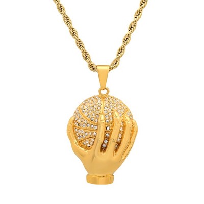 Steeltime 24" 18k gold plated stainless stseel and simulated diamonds hand on basktball pendant