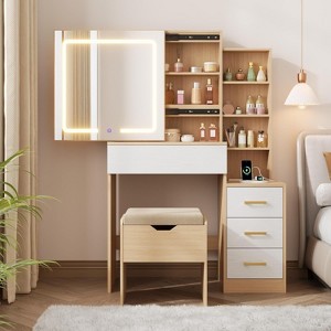 Vanity Desk with Mirror and Adjustable Lights, Makeup Vanity Desk with Drawers, Built-in Power Outlet & USB, Makeup Table for Bedroom - 1 of 4