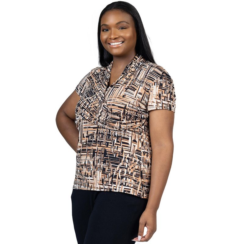 24seven Comfort Apparel Womens Plus Size Brown Print Short Sleeve V Neck Wrap Top, 2 of 7