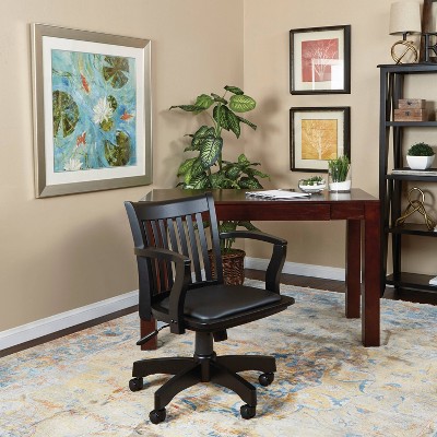 Black Vinyl High Back Ergonomic Swivel Banker Chair with Wood Base