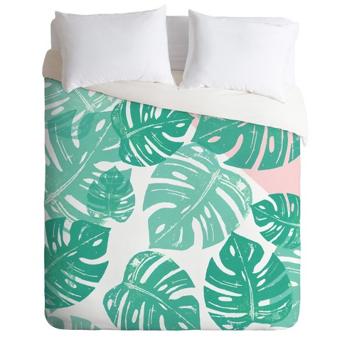 Green Floral Bianca Linocut Monstera Rosy Duvet Cover Twin