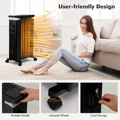 Black 1500W Oil Filled Radiator Heater with Thermostat and Humidifier