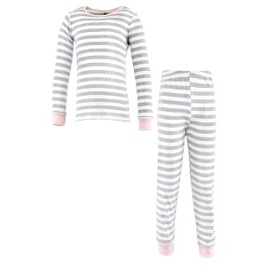 Hudson Baby Infant Girl Cotton Pajama Set, Gray Stripe Pink - 1 of 4