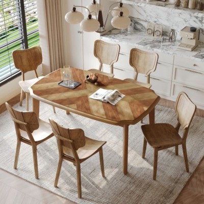 7-Piece Dining Table Set with 6 Dining Chairs,Kitchen Table Set for 6 with Curved Back and Seat, Brown