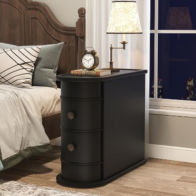 Black Wooden Slim Nightstand with 2 Drawers
