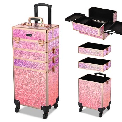 Byootique Rolling Makeup Train Case 4in1 Cosmetic Organizer Travel Case with Detachable Removable Wheels for Makeup Artist Trave Nail, Mermaid Pink